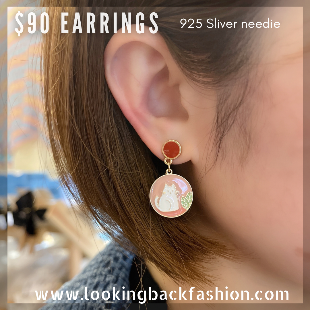 #EA0073 Earrings 滴膠樹葉貓貓925銀針耳環