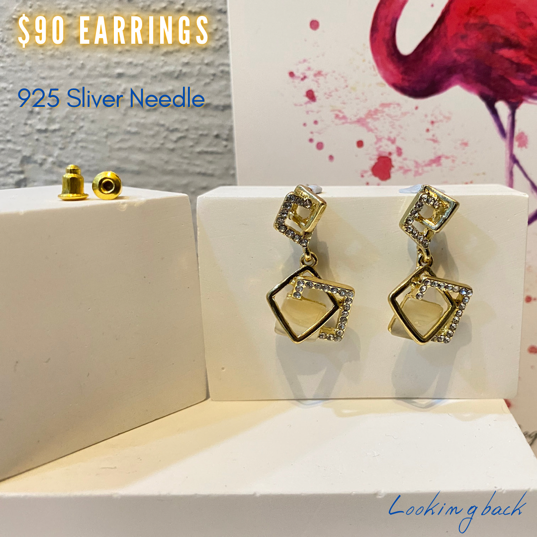 #EA0079 Earrings 多層次方形閃石925銀針耳環