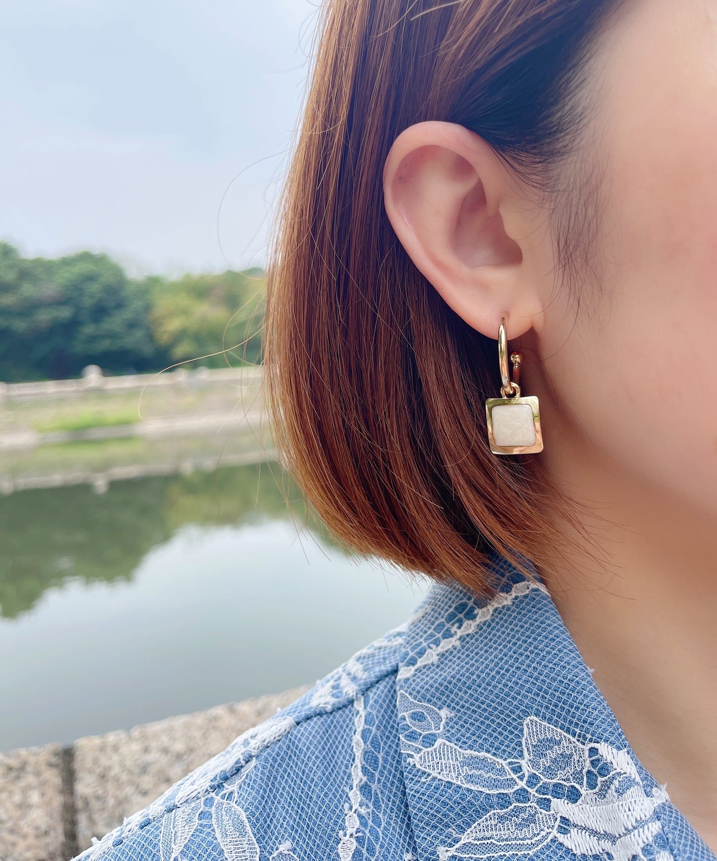 #EA0106 Earrings 吊金邊方形925銀針耳環