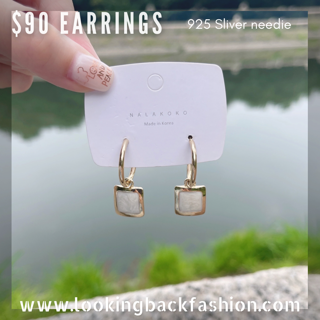 #EA0106 Earrings 吊金邊方形925銀針耳環