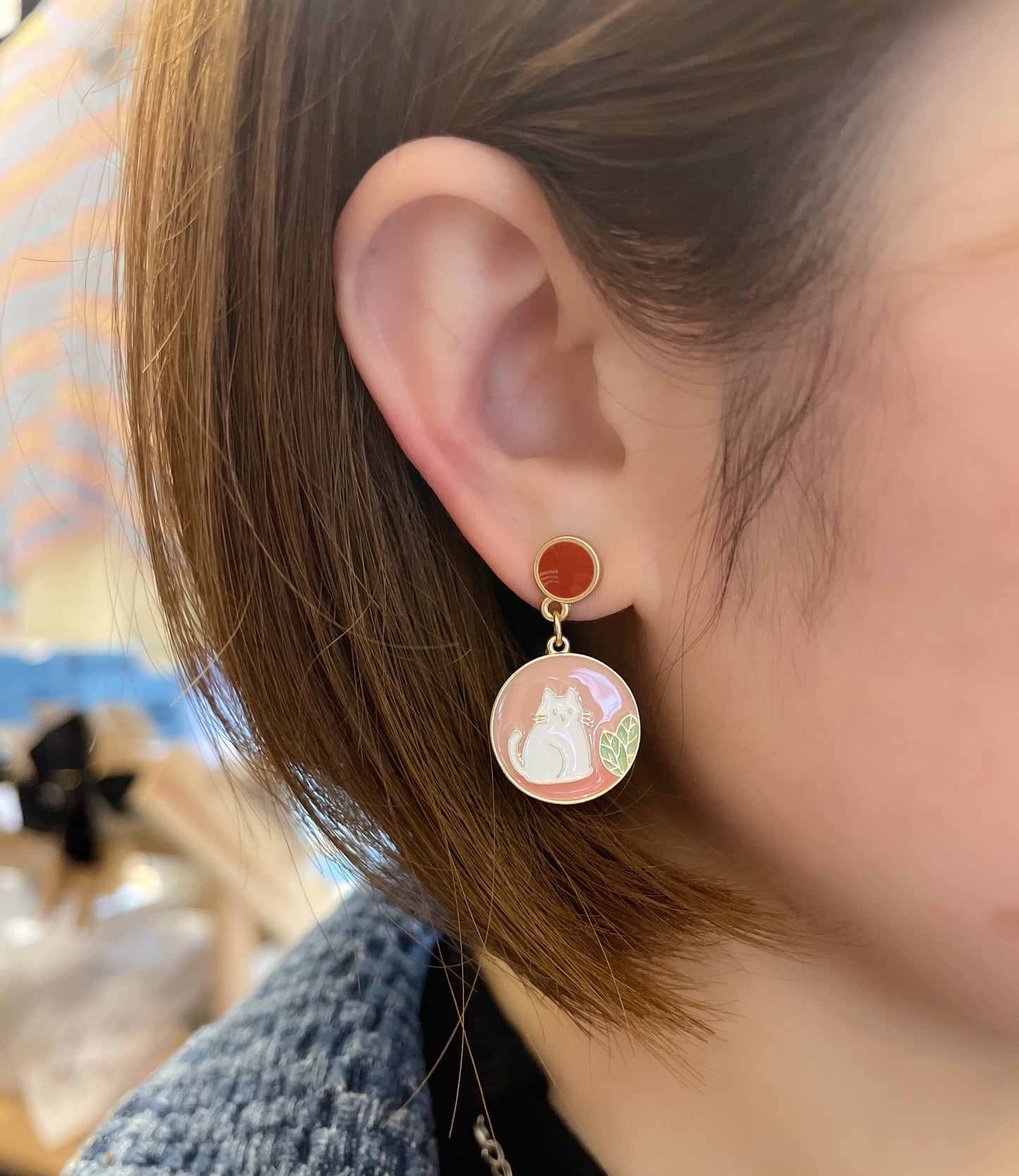 #EA0073 Earrings 滴膠樹葉貓貓925銀針耳環