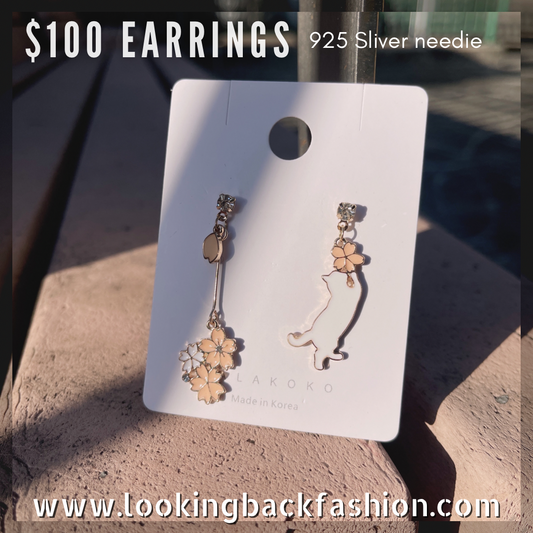 #EA0097 Earrings AB款白貓櫻花925銀針耳環